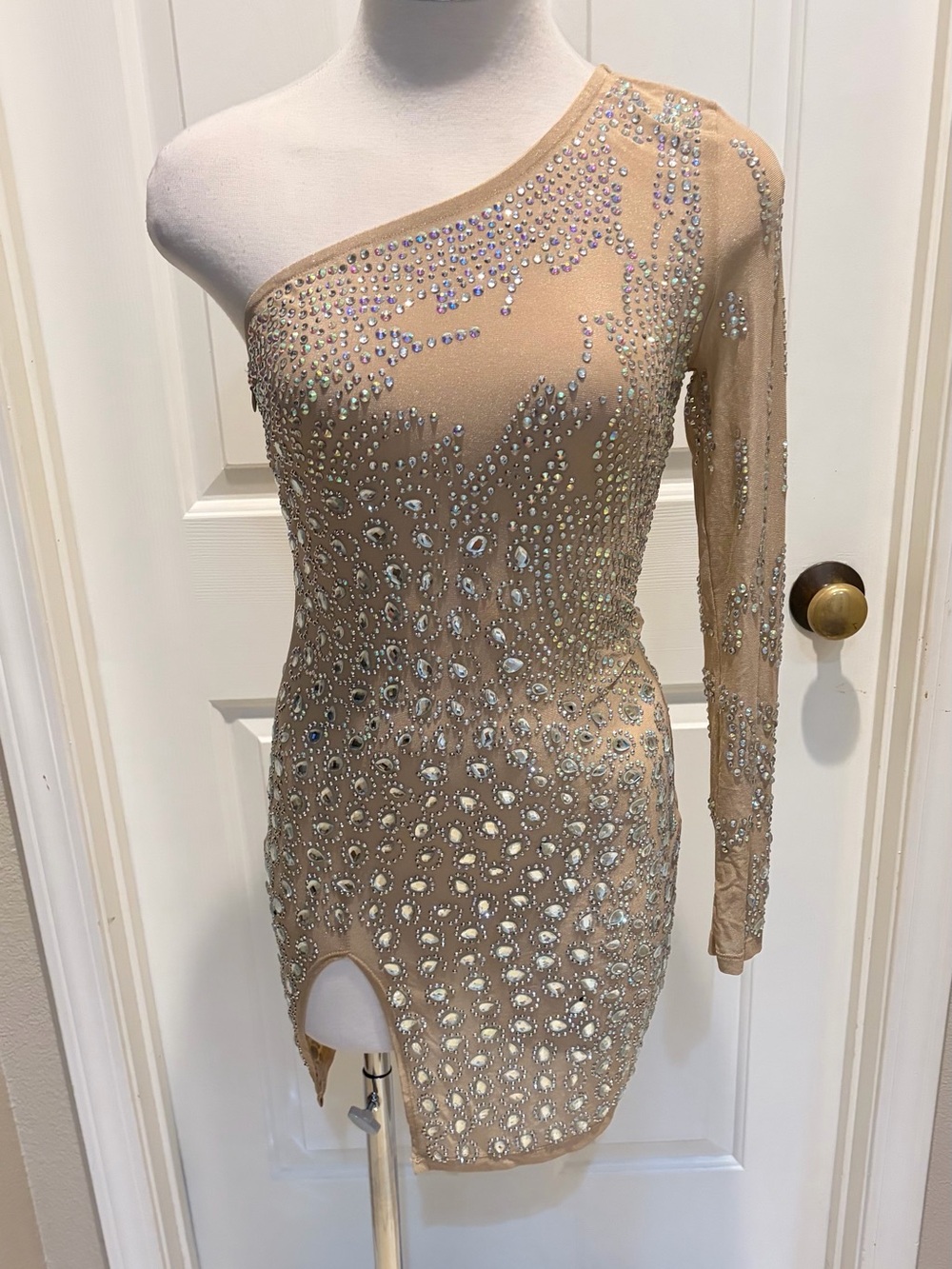 Banjul Nude One-Shoulder Rhinestone Mini Dress